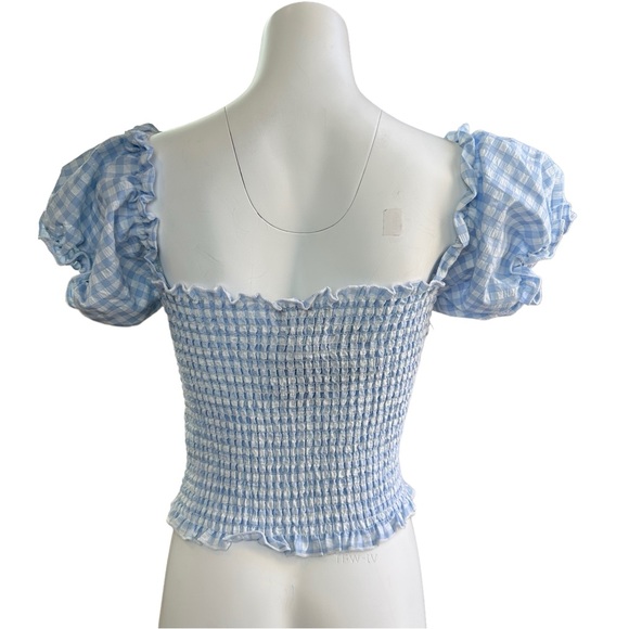NWT CHASER Smocked Puff Sleeve Top Blue Gingham XS - Picture 3 of 6